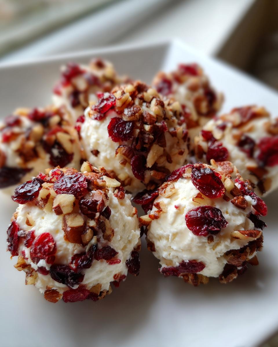 Close-up of creamy goat cheese balls rolled in chopped pecans and dried cranberries.