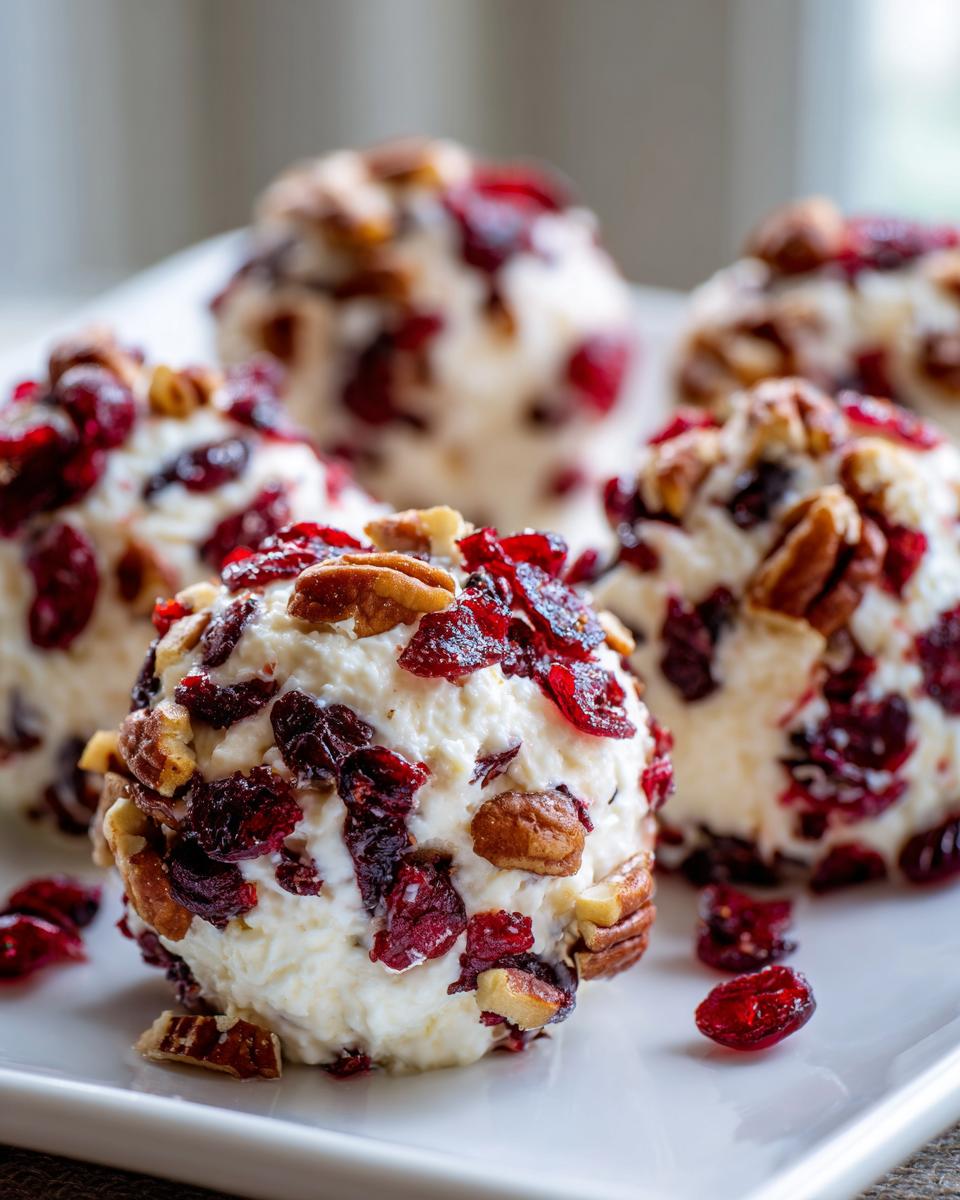 A close-up of creamy goat cheese balls rolled in dried cranberries and pecans, perfect for hosting.