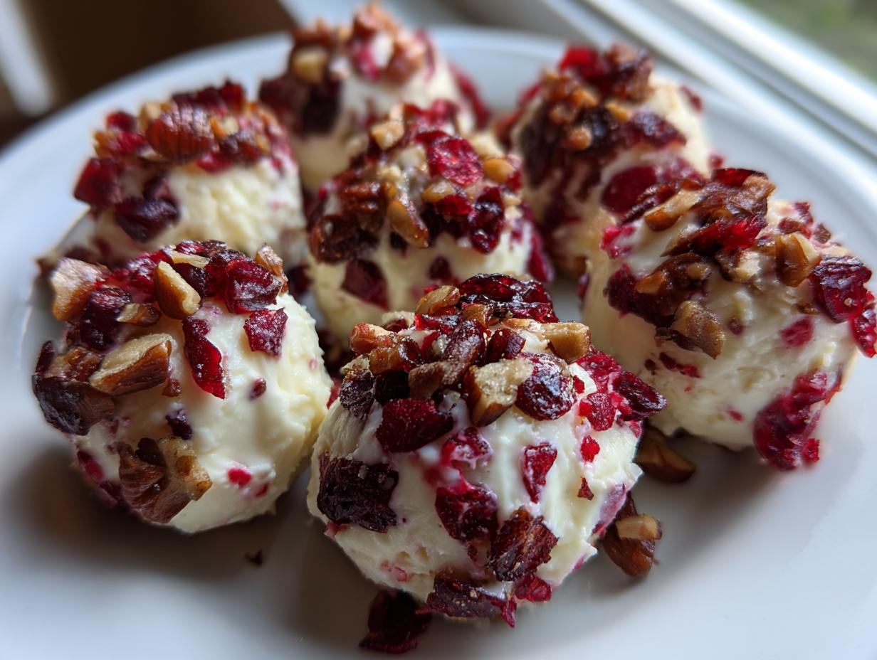 Close-up of creamy goat cheese balls rolled in dried cranberries and chopped pecans, perfect for hosting.