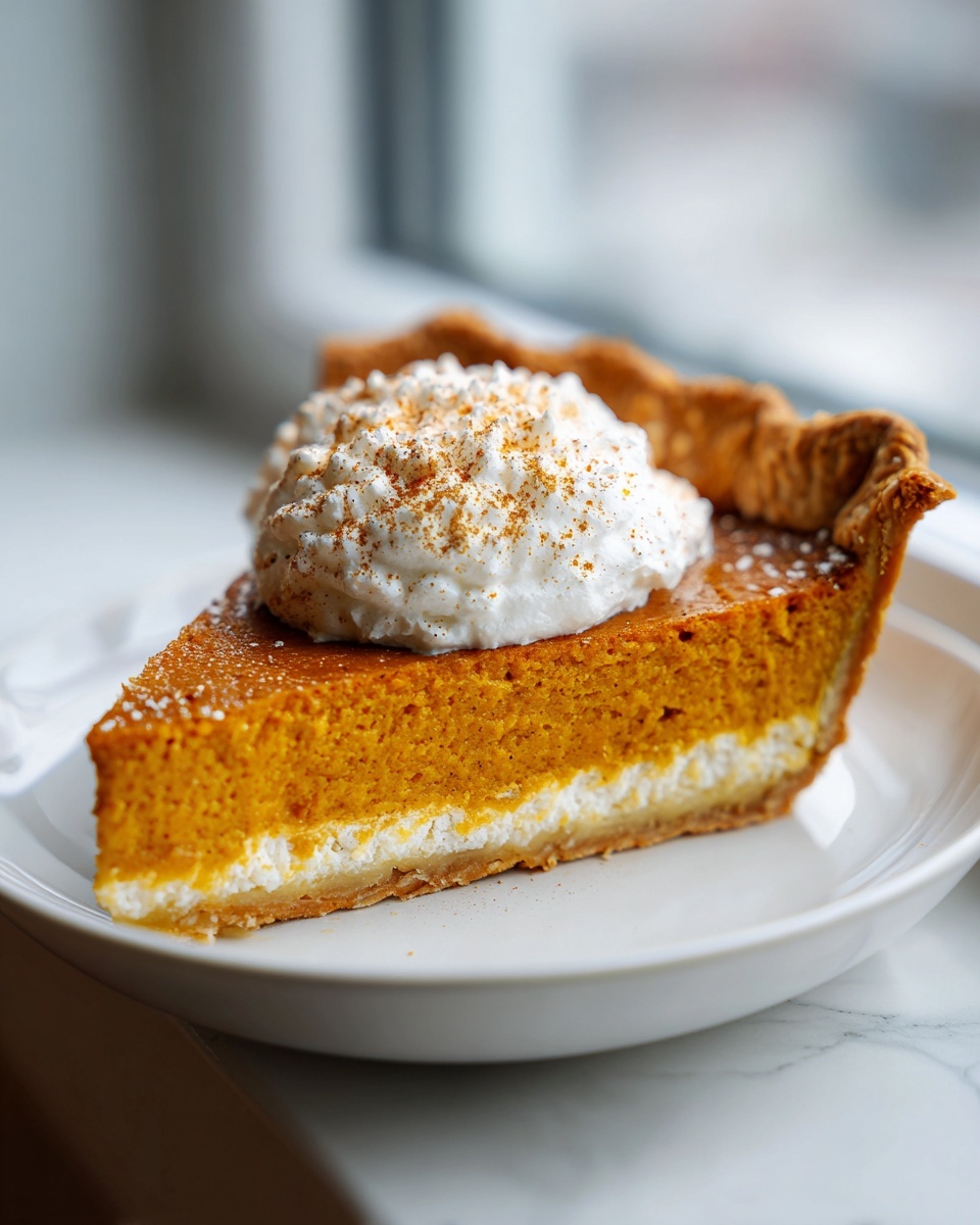 A perfect slice of cream cheese pumpkin pie recipe topped with whipped cream and cinnamon.
