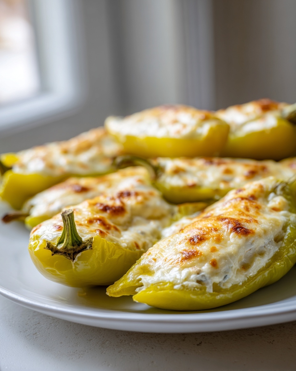 Close-up of baked cream cheese stuffed banana peppers with golden brown, melted cheese topping.