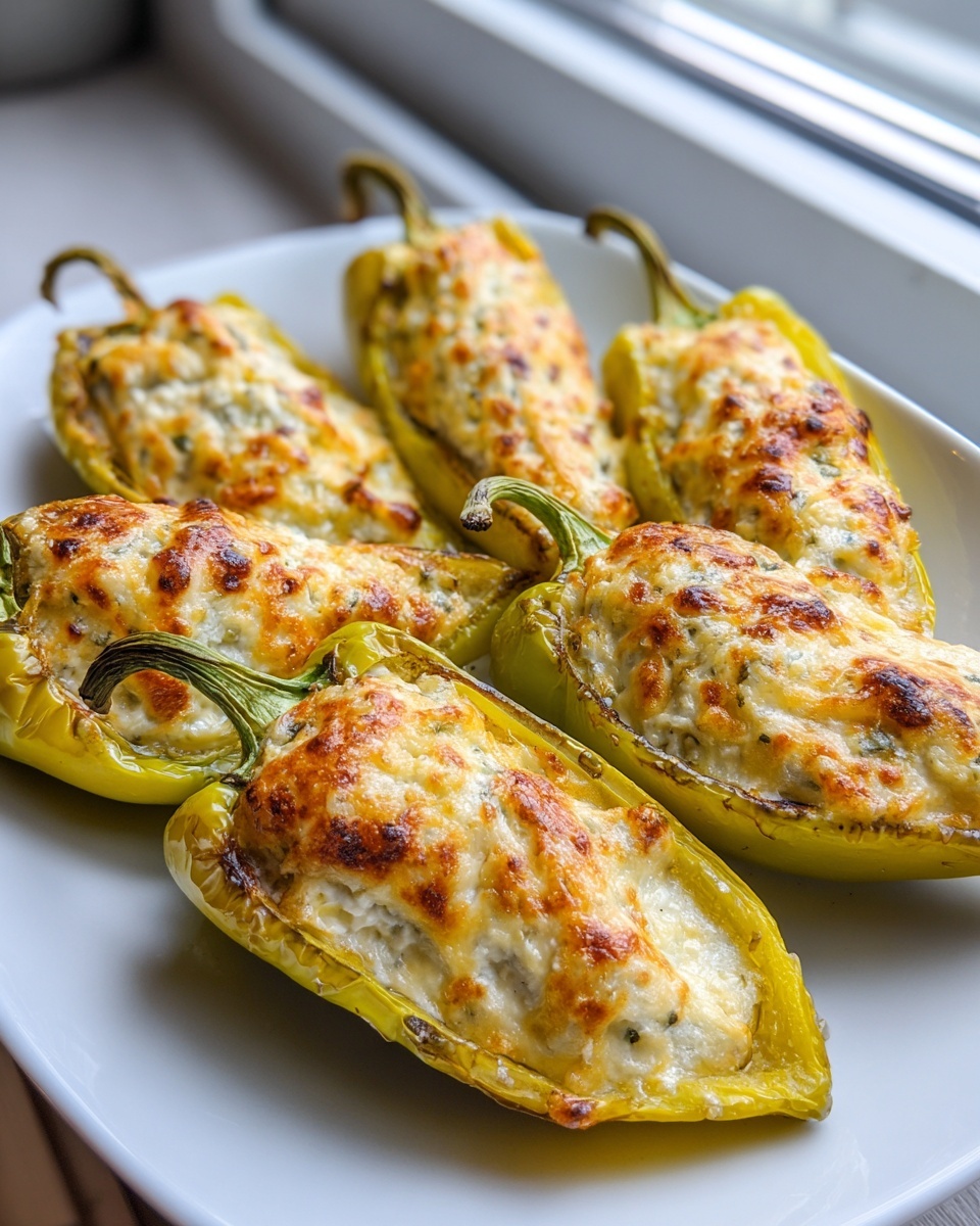 Close-up of baked, halved banana peppers stuffed with cream cheese and topped with melted, browned cheese.