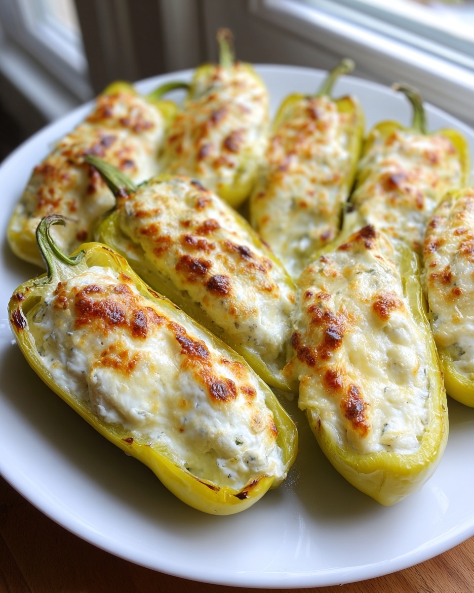 A plate of baked banana peppers stuffed with a creamy cheese mixture and topped with melted, browned cheese.