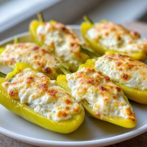 Close-up of baked cream cheese stuffed banana peppers, golden brown on top, served on a white plate.