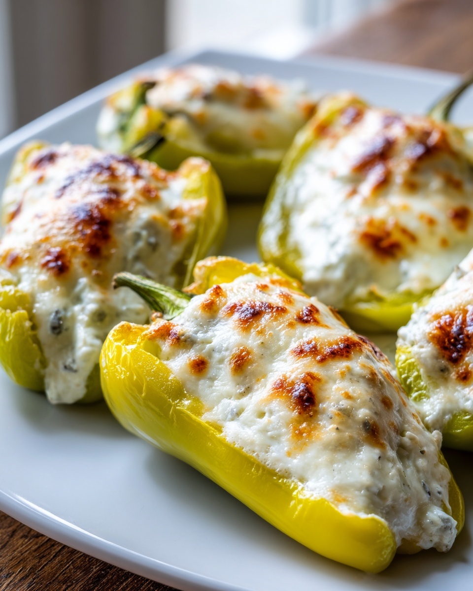 Close-up of baked banana peppers stuffed with cream cheese mixture and topped with melted, browned cheese.