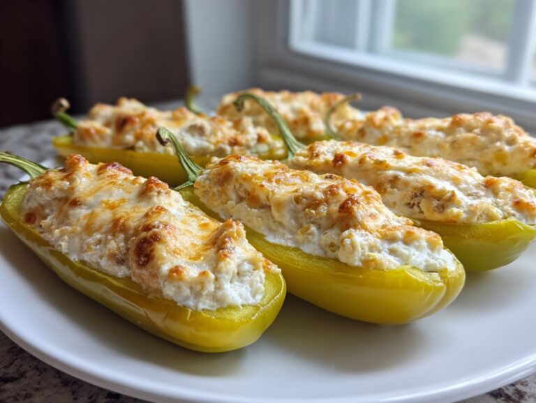 Four baked cream cheese stuffed banana peppers with golden melted cheese topping on a white plate.