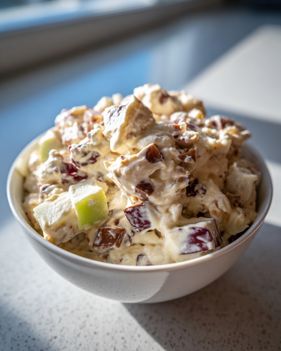 A white bowl filled with creamy Snickers salad featuring chunks of apples and chocolate candy pieces.