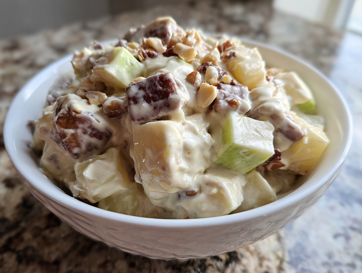 Close-up of a white bowl filled with creamy Snickers Salad featuring apples, caramel, and nuts.