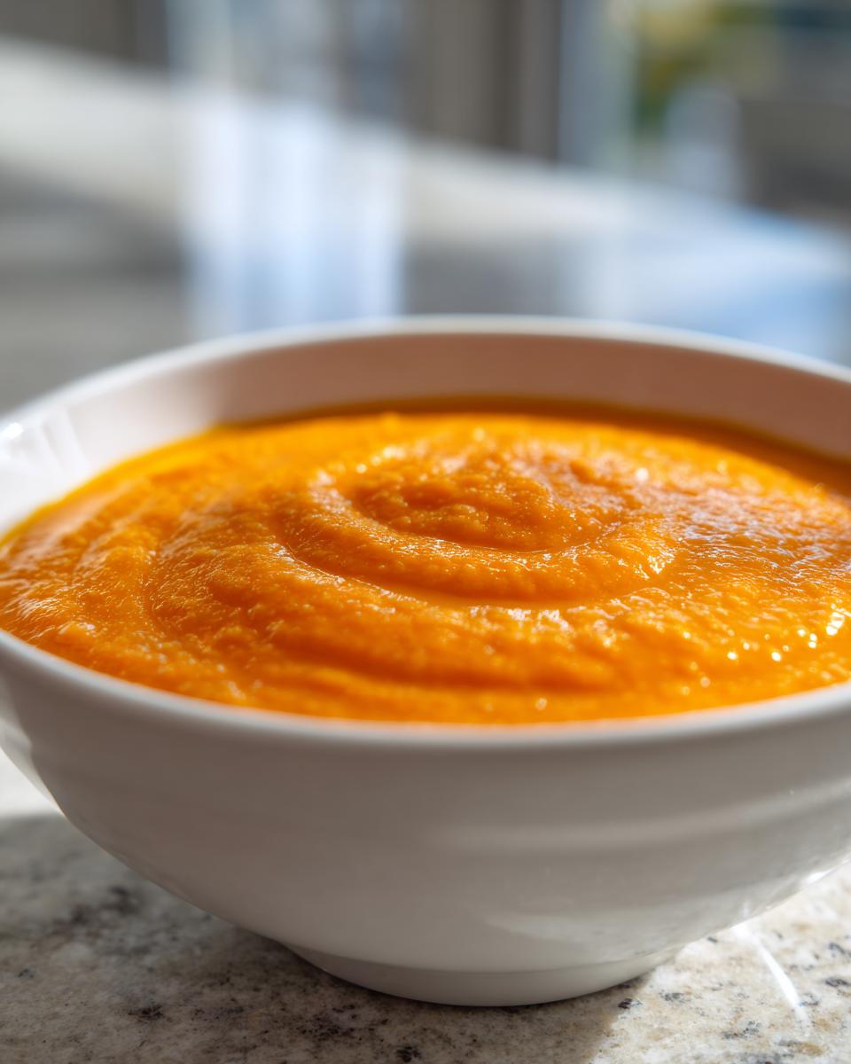 Close-up of vibrant orange, creamy carrot ginger soup swirled in a white bowl.