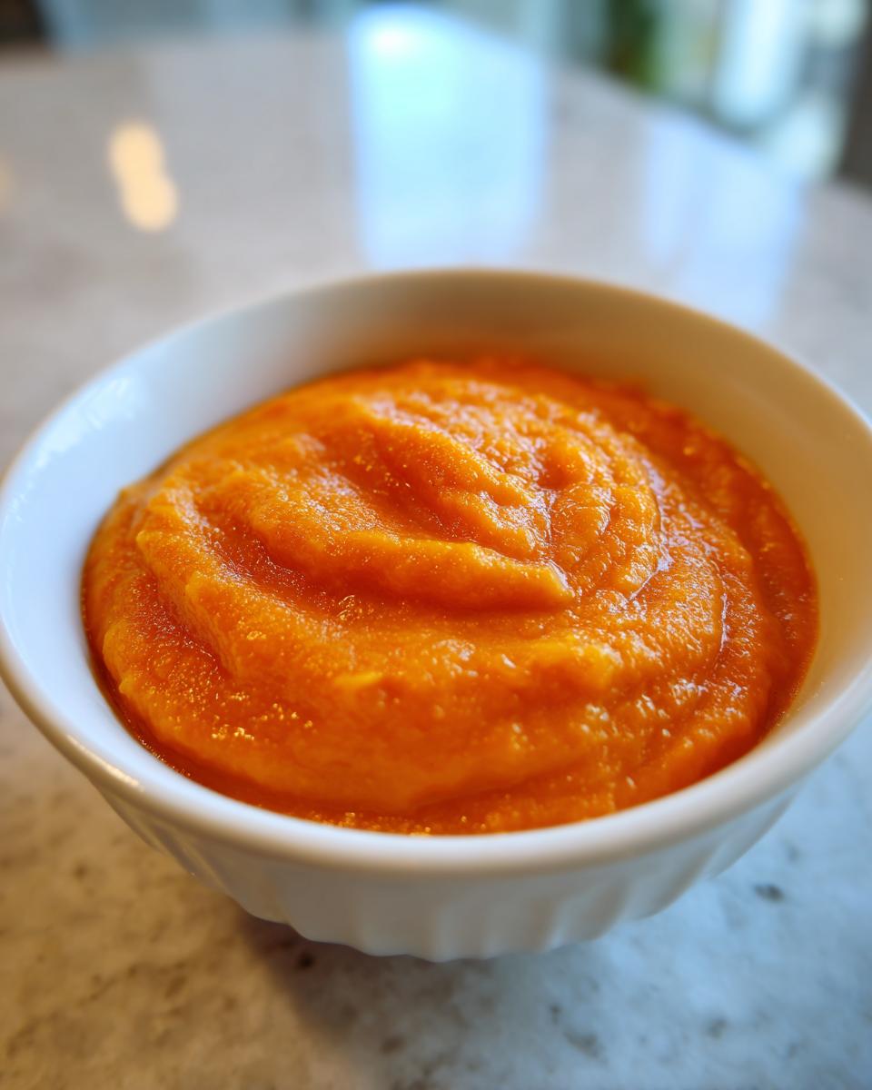 Close-up of vibrant orange, pureed carrot ginger soup swirled inside a small white bowl.