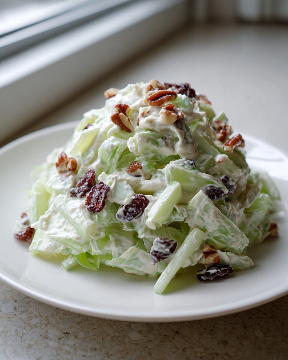 A mound of creamy celery salad mixed with a white dressing, topped with pecans and dried cranberries, served on a white plate.