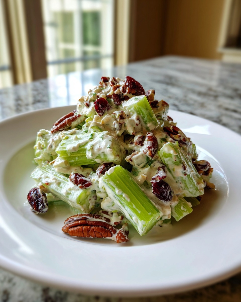 A serving of creamy celery salad mixed with pecans and dried cranberries on a white plate.