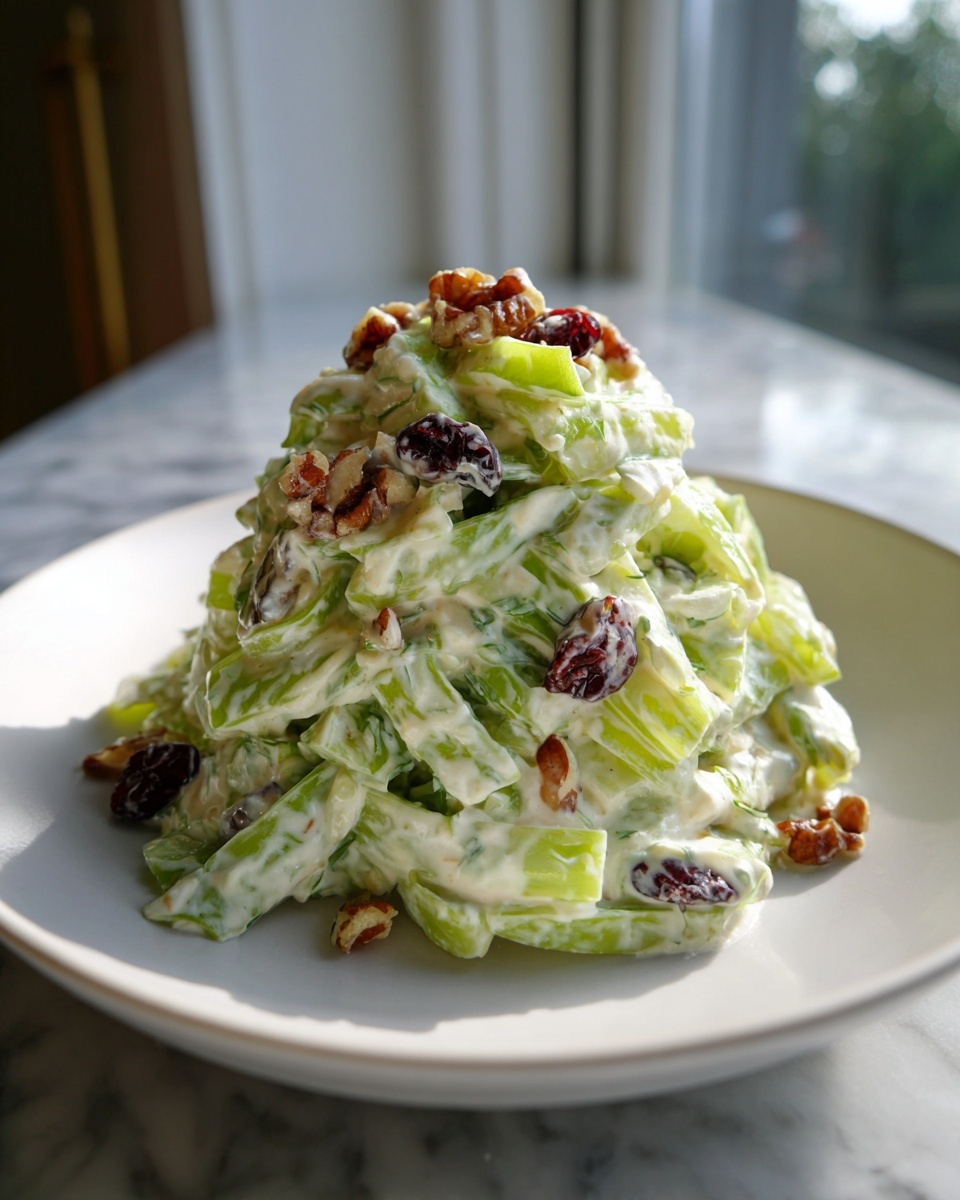 A mound of creamy celery salad mixed with a white dressing, topped with pecans and dried cranberries.