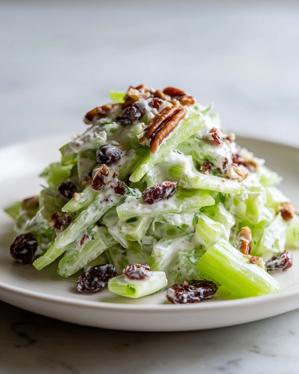 A mound of creamy celery salad mixed with a white dressing, topped with pecans and dried cranberries or raisins.