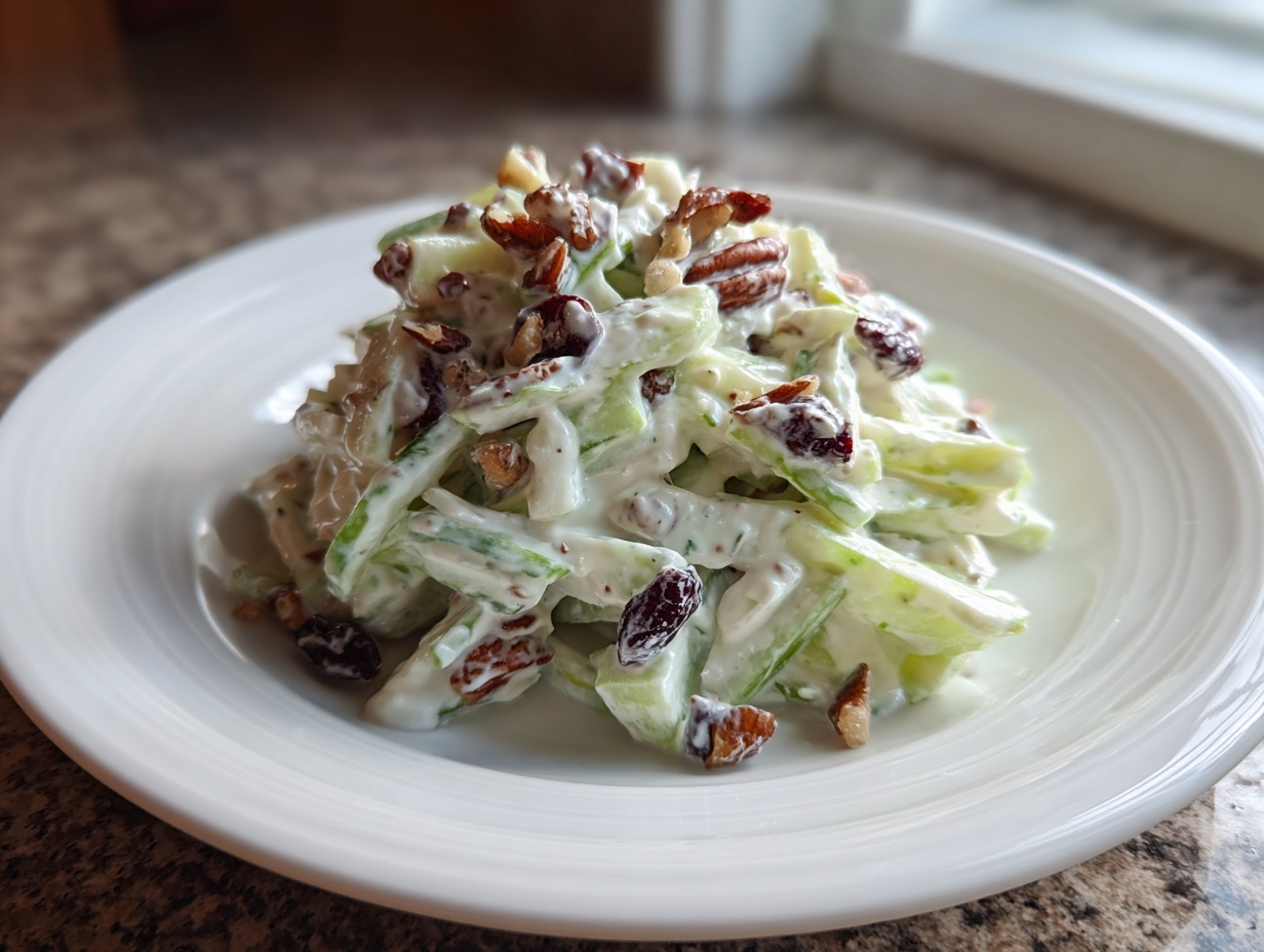 A mound of creamy celery salad mixed with pecans and dried cranberries served on a white plate.