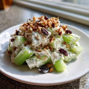 Close-up of a creamy celery salad featuring crisp celery chunks coated in dressing, topped with chopped walnuts and dried cranberries.