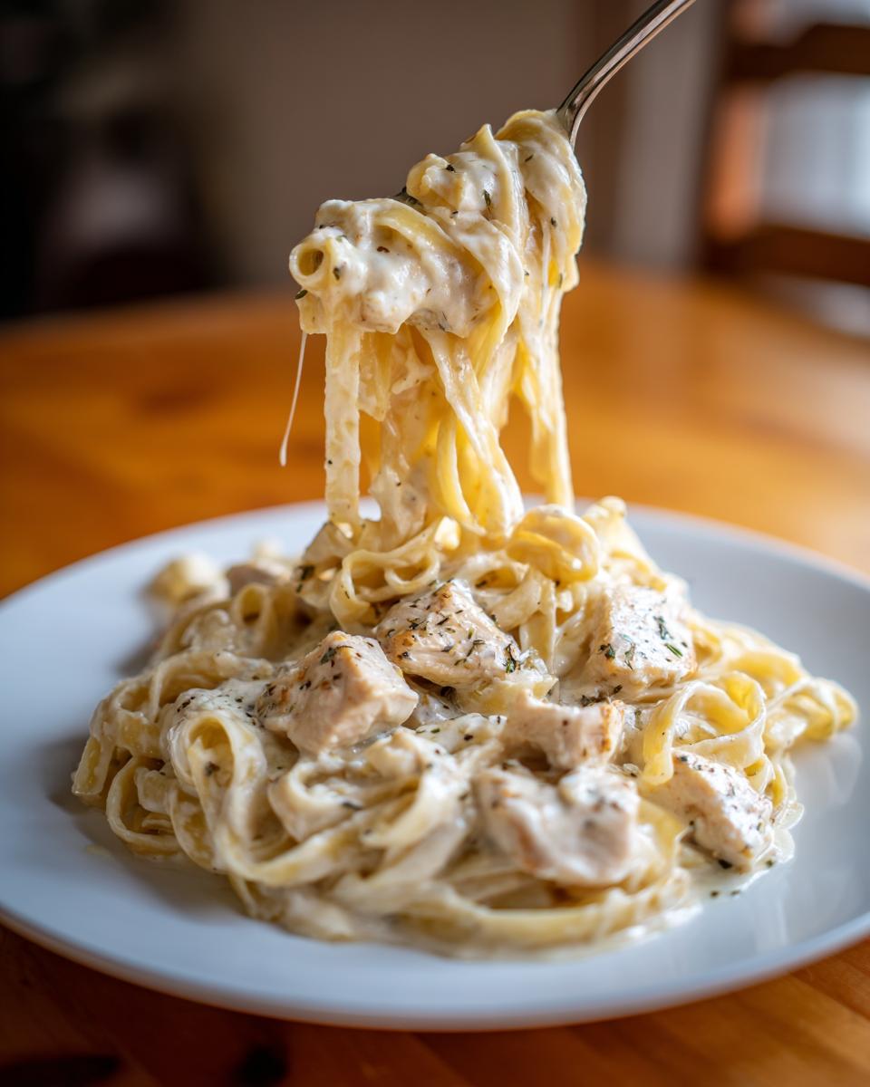 A fork lifts a twirl of creamy chicken fettuccine alfredo from a white plate, showing cheese pull.
