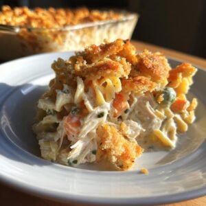 A close-up serving of creamy chicken noodle casserole with visible noodles, carrots, peas, and a golden, crunchy breadcrumb topping.