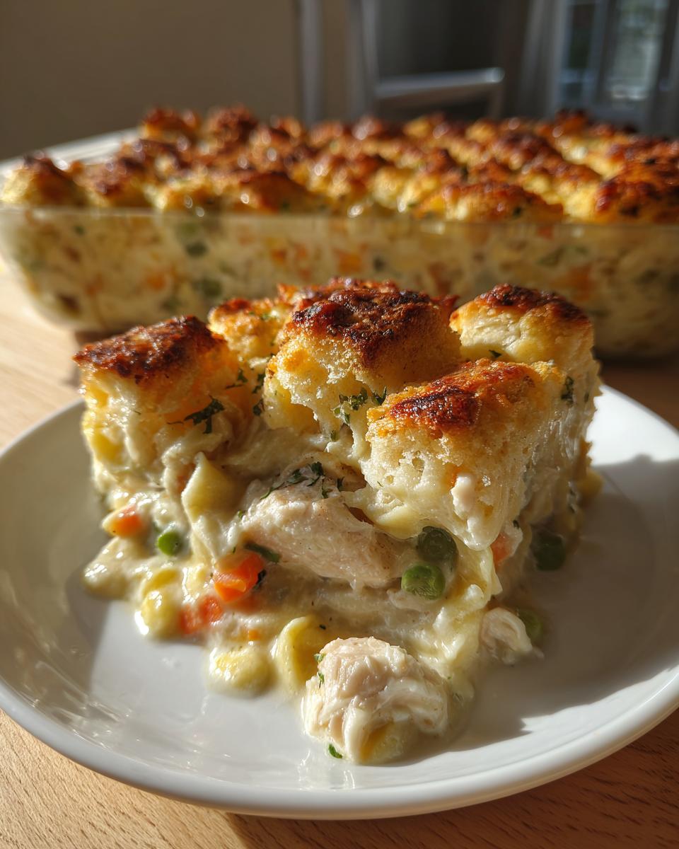 A close-up serving of creamy chicken noodle casserole topped with golden biscuits, featuring chicken, peas, and carrots.