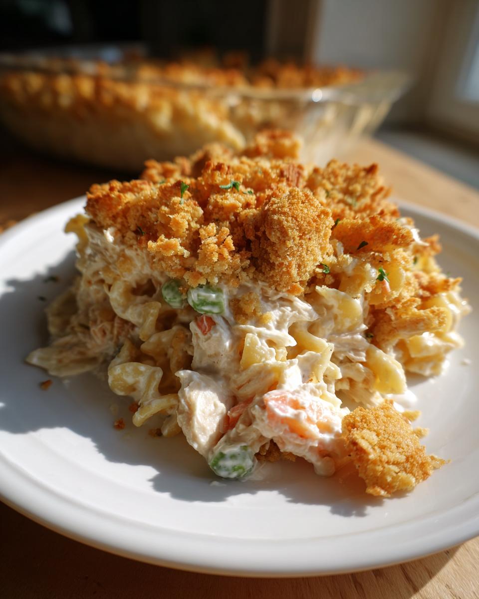 A generous serving of creamy chicken noodle casserole topped with a golden, crunchy breadcrumb topping.