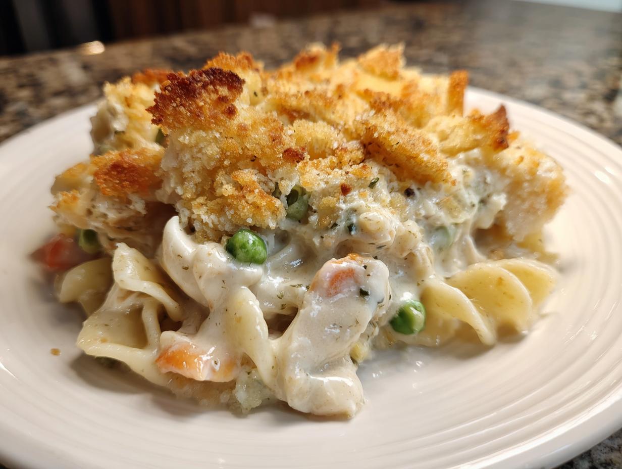 Close-up of a serving of creamy chicken noodle casserole topped with golden, crunchy breadcrumbs.