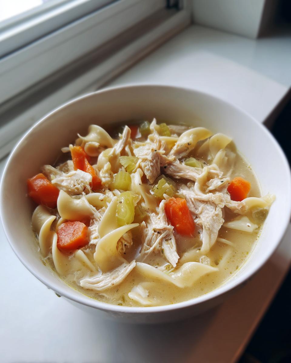 A close-up of a white bowl filled with creamy chicken noodle soup, featuring shredded chicken, egg noodles, carrots, and celery.