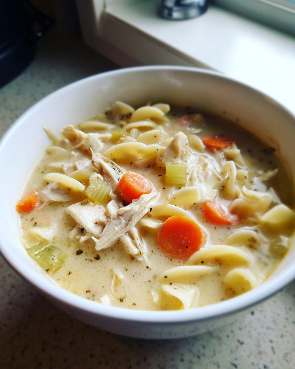 Close-up of a white bowl filled with creamy chicken noodle soup, featuring shredded chicken, egg noodles, carrots, and celery.