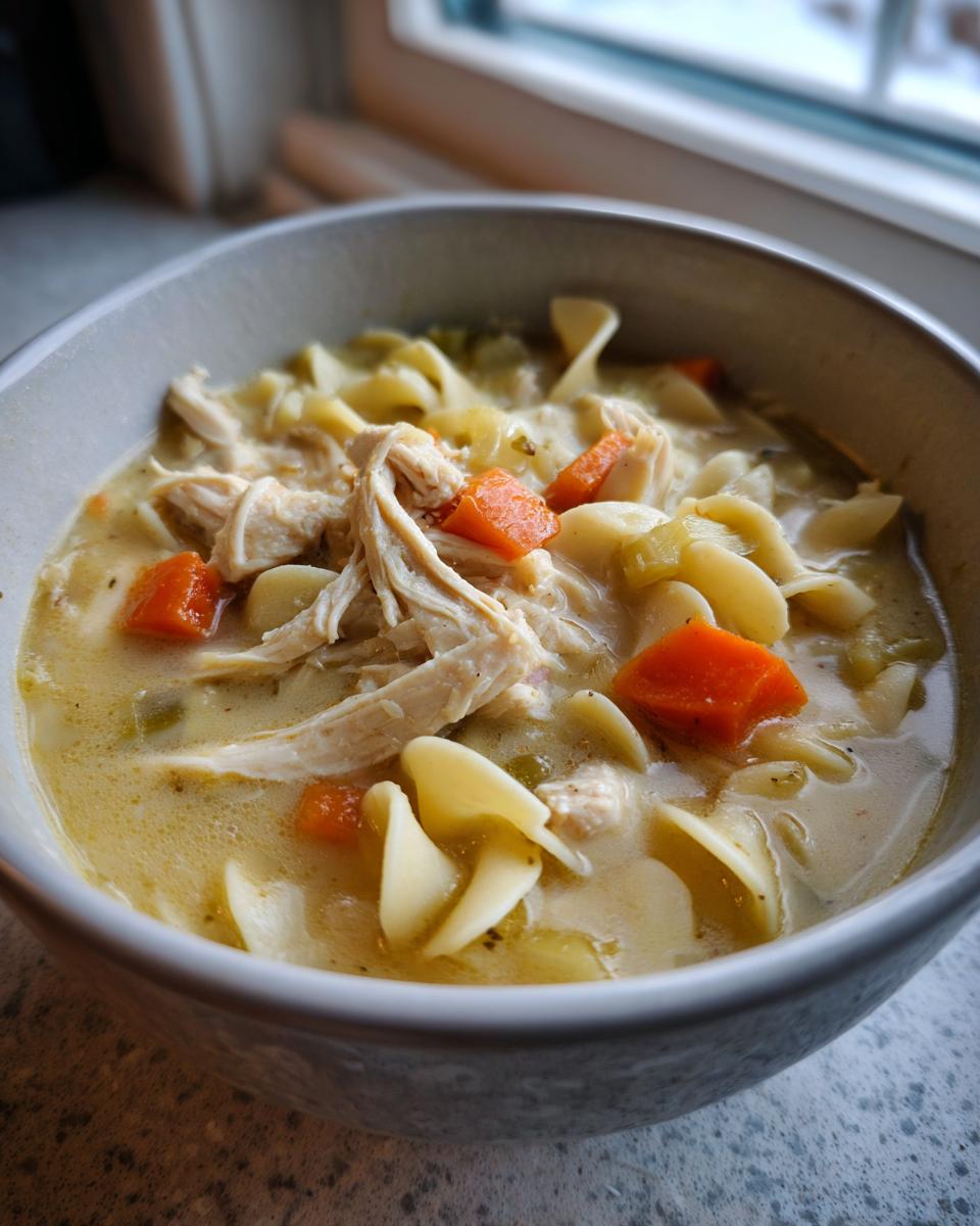 Close-up of a bowl of creamy chicken noodle soup featuring shredded chicken, egg noodles, and bright orange carrots.