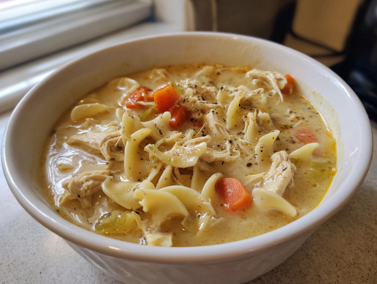 Close-up of a white bowl filled with rich, creamy chicken noodle soup, featuring shredded chicken, egg noodles, and carrots.