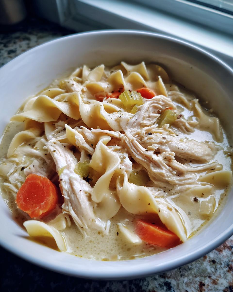 A close-up view of a bowl of creamy chicken noodle soup featuring shredded chicken, wide egg noodles, carrots, and celery.