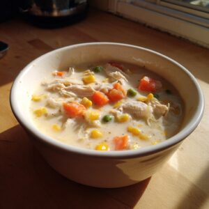 A close-up of creamy chicken pot pie soup filled with shredded chicken, carrots, corn, and peas.