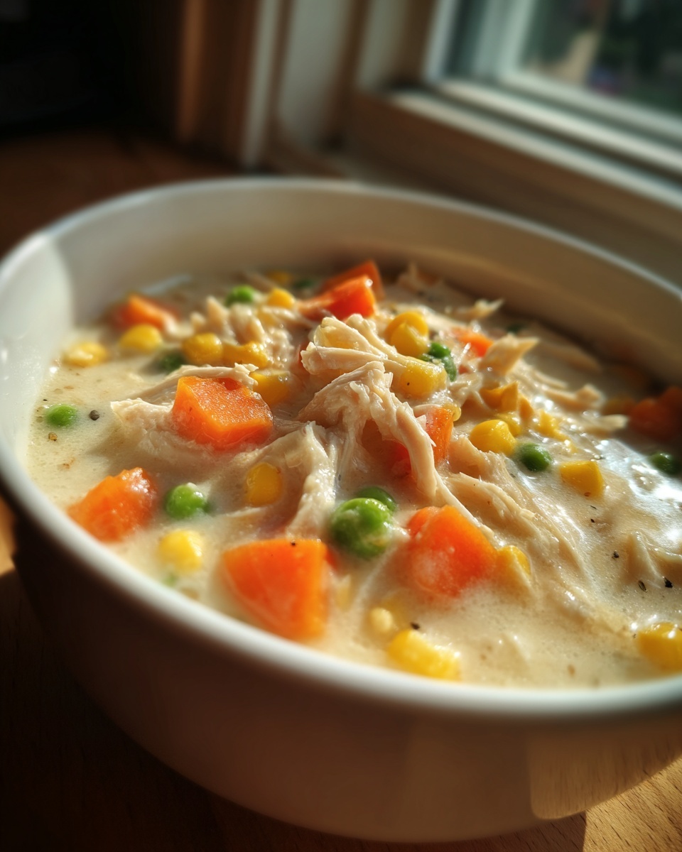 Close-up of creamy chicken pot pie soup featuring shredded chicken, carrots, peas, and corn in a white bowl.