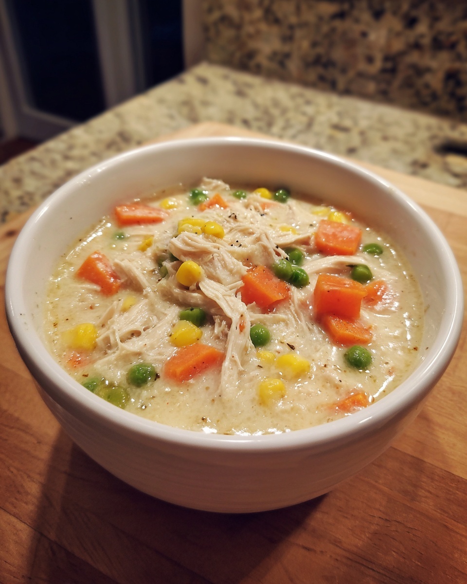 Close-up of a white bowl filled with creamy chicken pot pie soup, featuring shredded chicken, carrots, peas, and corn.