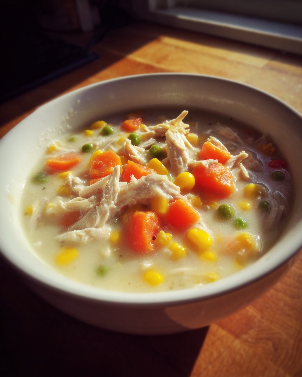 Close-up of a white bowl filled with creamy chicken pot pie soup, featuring shredded chicken, carrots, peas, and corn.