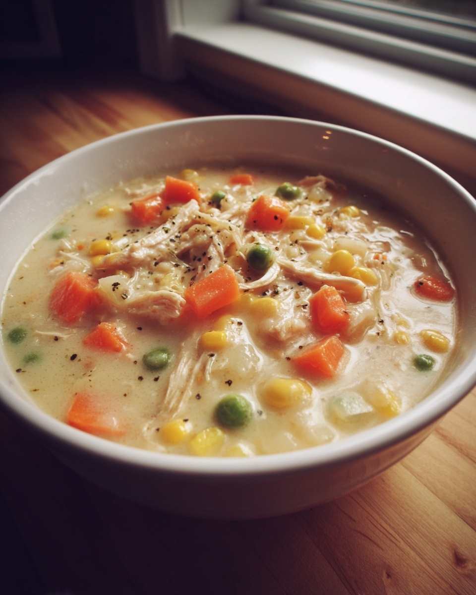 A close-up of a white bowl filled with creamy chicken pot pie soup, featuring shredded chicken, carrots, peas, and corn.