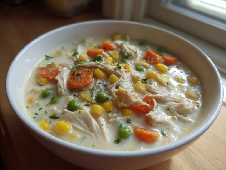 A close-up of creamy chicken pot pie soup filled with shredded chicken, carrots, peas, and corn.