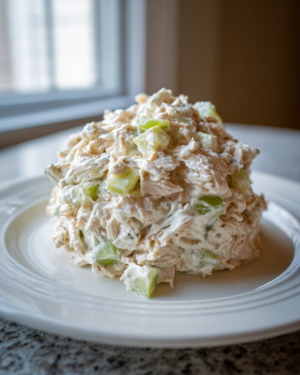 A generous scoop of creamy chicken salad recipe mixed with diced celery, served on a white plate.