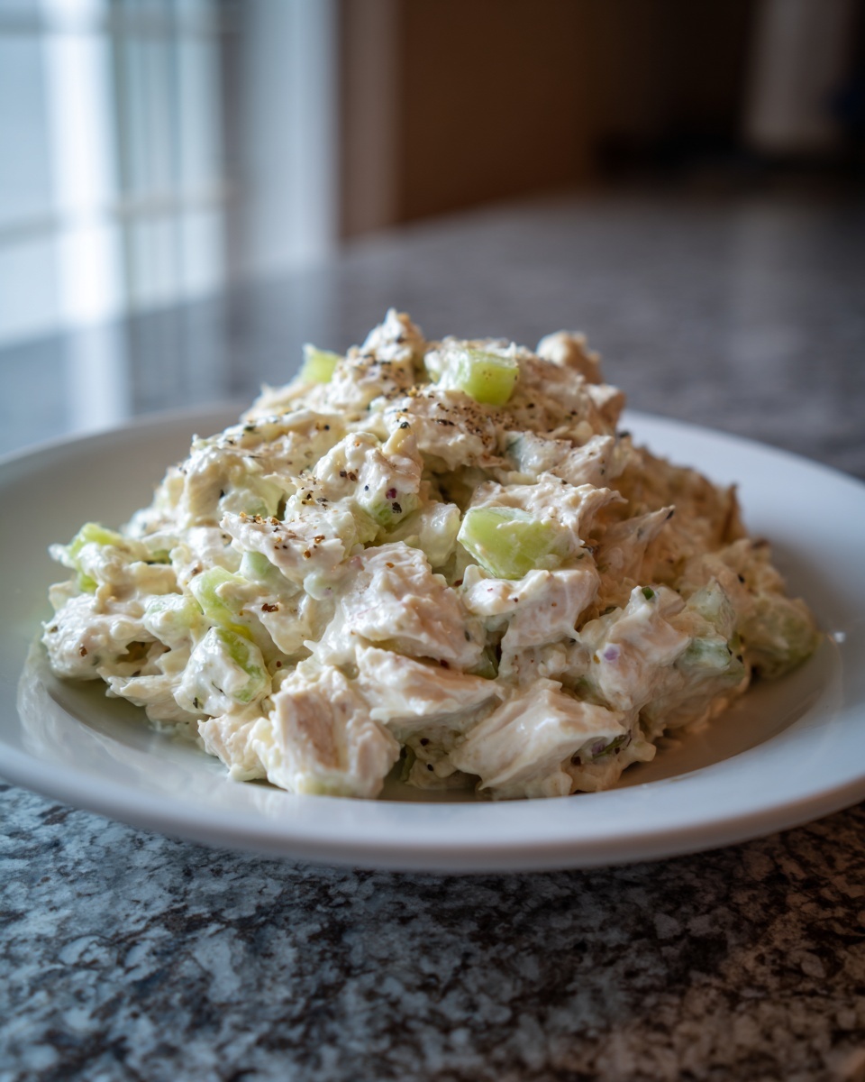 A generous mound of creamy chicken salad recipe with visible chunks of celery, served on a white plate.