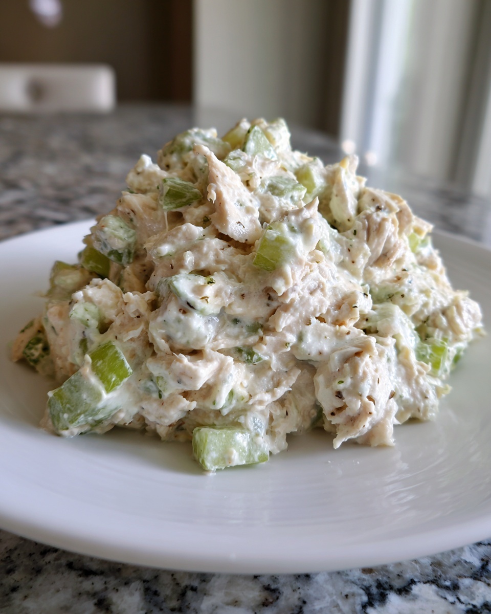 Close-up of a mound of creamy chicken salad recipe with visible chunks of celery on a white plate.