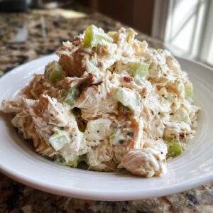 A close-up shot of creamy chicken salad recipe, featuring shredded chicken, celery chunks, and black pepper, served in a white bowl.