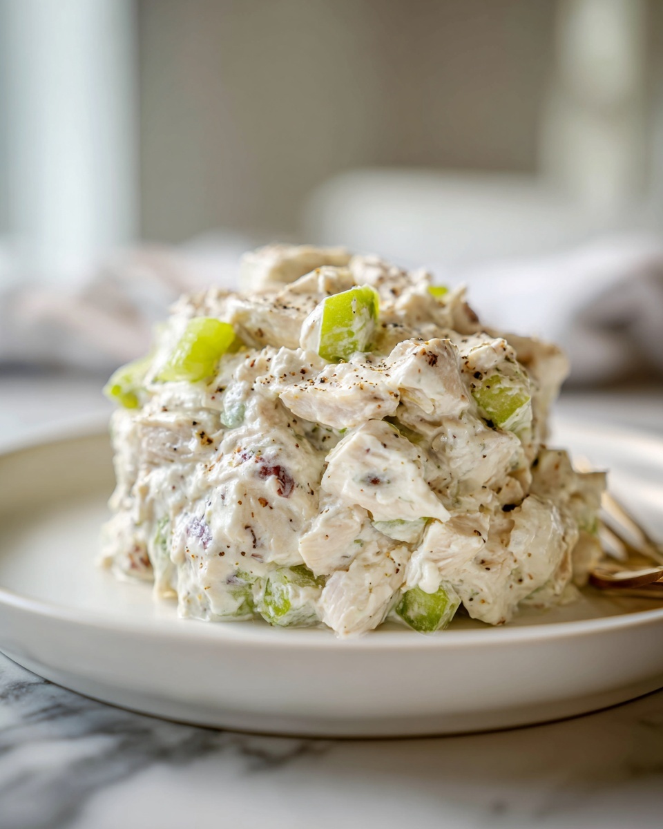 Close-up of a mound of creamy chicken salad recipe with chunks of celery and black pepper.