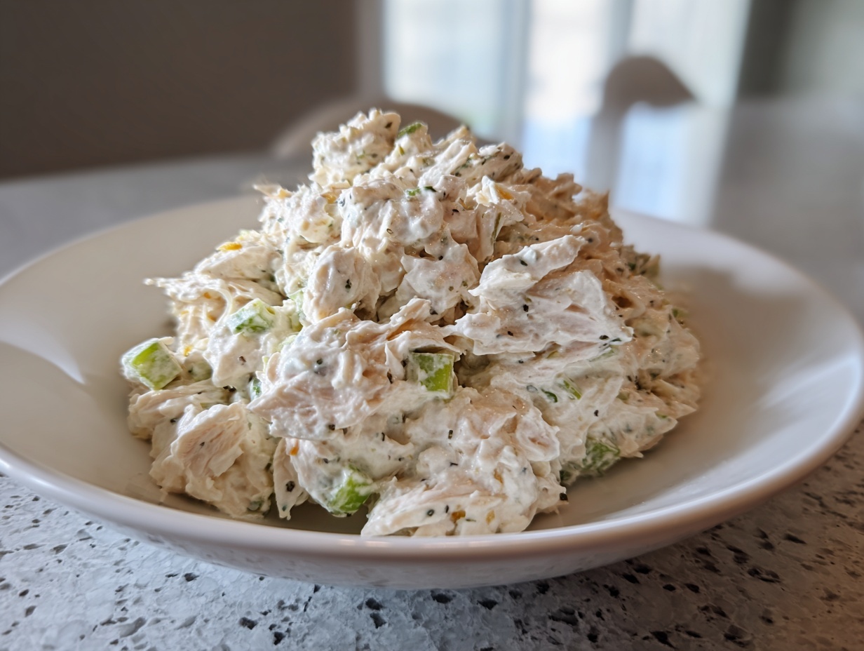 A close-up, featured image of a generous scoop of creamy chicken salad recipe in a white bowl.