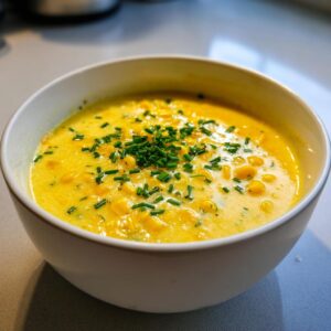 A close-up of a bowl of creamy corn soup, rich yellow in color, topped with fresh chopped chives.