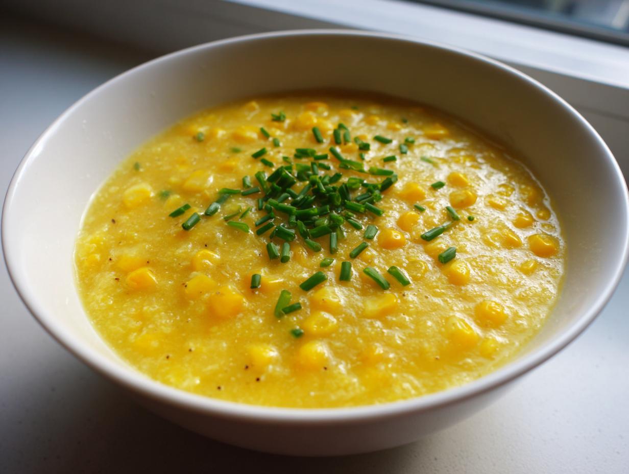 Close-up of a bowl of creamy corn soup, featuring whole corn kernels and topped with chopped green chives.