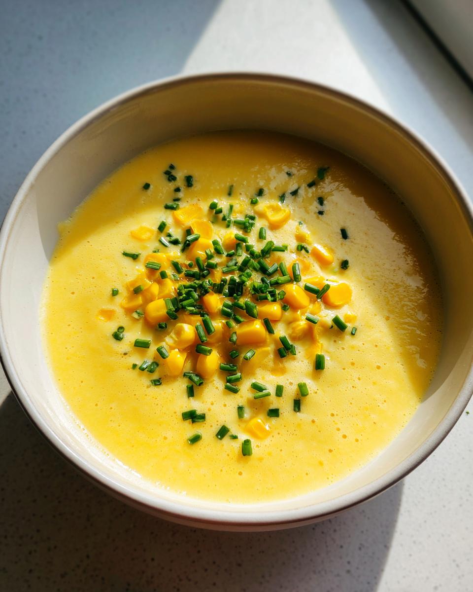 A close-up overhead view of creamy corn soup garnished with whole corn kernels and fresh chopped chives.
