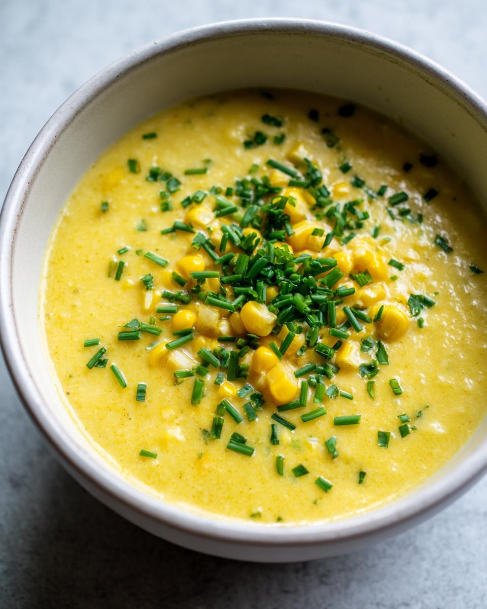 Close-up of a bowl of creamy corn soup garnished with whole corn kernels and chopped fresh chives.