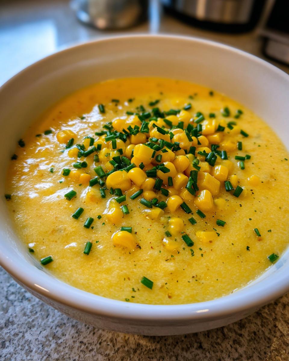 Close-up of a bowl of creamy yellow corn soup garnished with whole corn kernels and chopped chives.