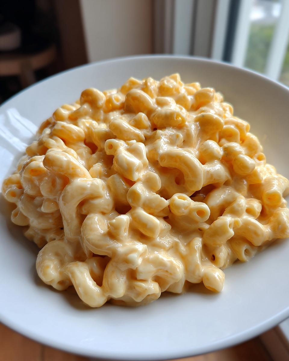 Close-up of creamy cottage cheese mac and cheese made with elbow macaroni in a white bowl.
