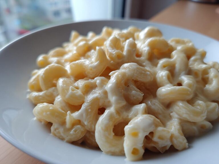 Close-up of creamy cottage cheese mac and cheese made with elbow macaroni pasta served in a white bowl.