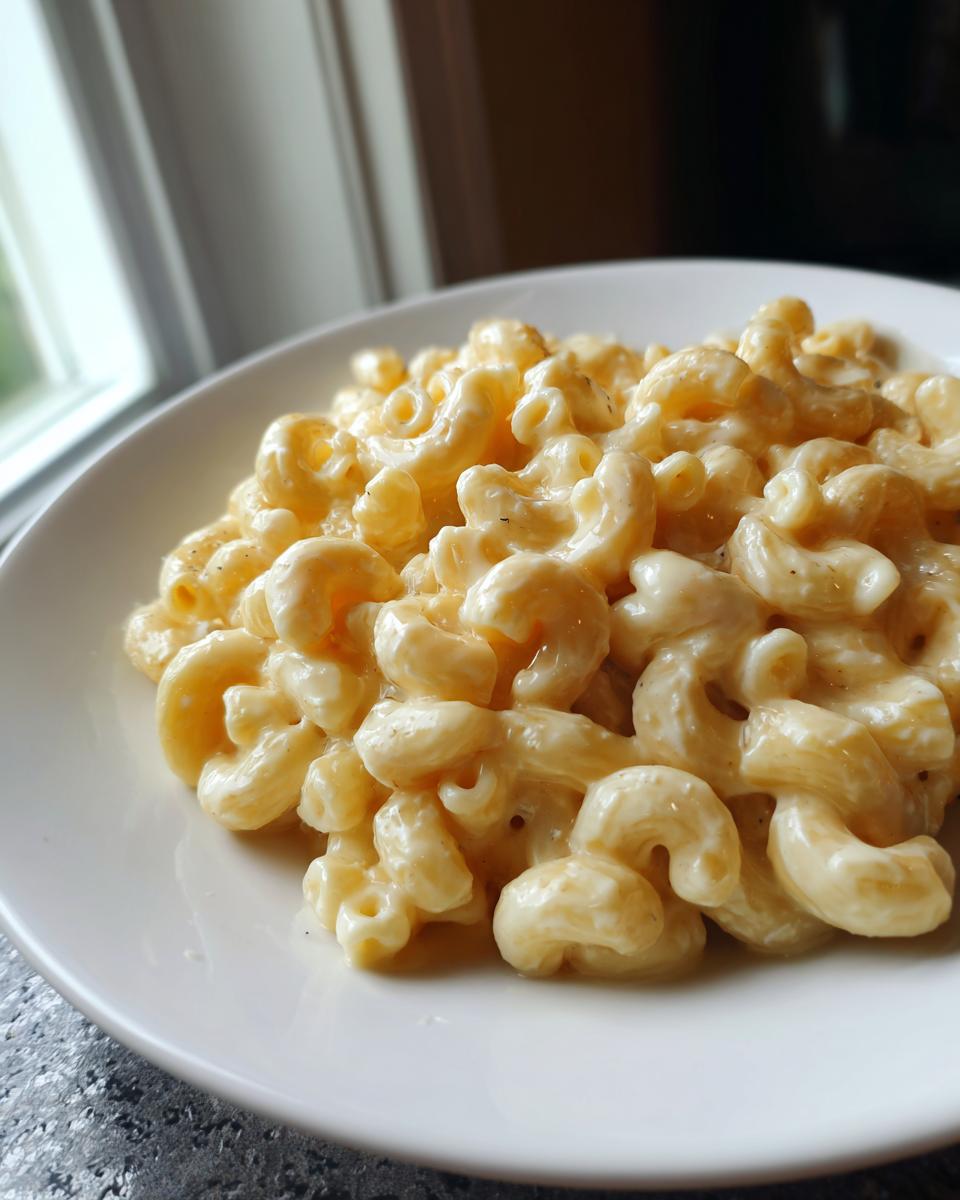 Close-up of creamy cottage cheese mac and cheese made with elbow macaroni served on a white plate.